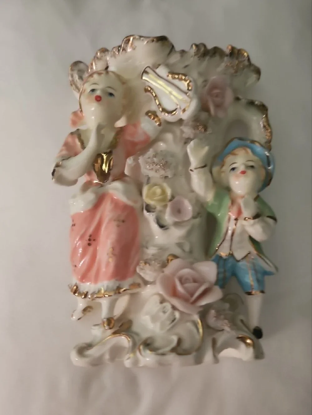 Porcelain Pink and Pastel Figurine Vase Floral Accents Hand painted Tilso Japan